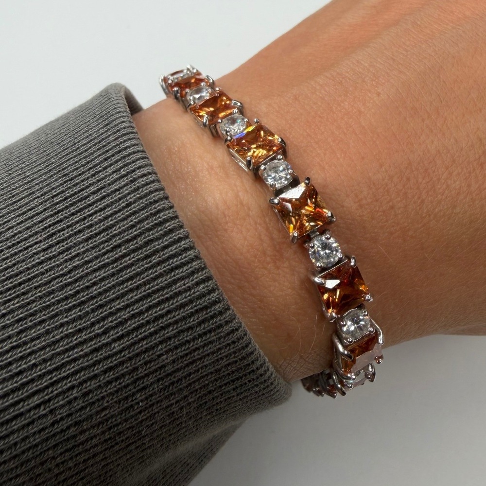 Vintage FAS 925 Sterling Silver Citrine CZ Tennis Bracelet Art Deco 7 1/4"